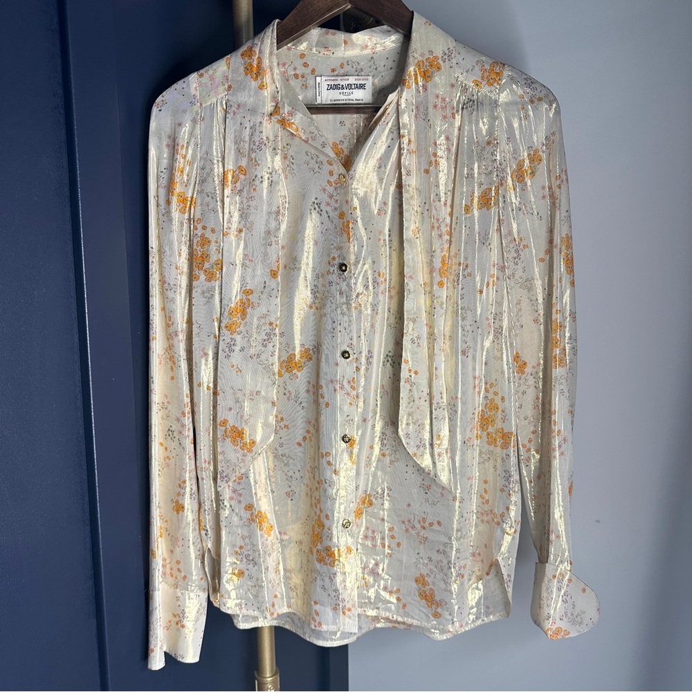Zadig & Voltaire Floral Bow Tie Blouse with Metallic Threads Tissue Shirt